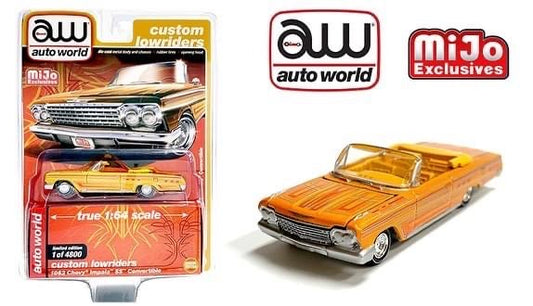 Auto World Custom Lowriders 1962 Chevrolet Impala Convertible Yellow 1:64