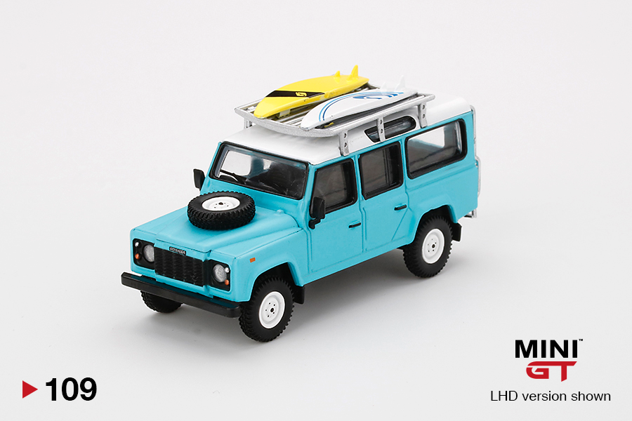 Mini GT 109 Land Rover Defender 110 Light Blue with Surfboard 1:64 (Asian Release Box Version)