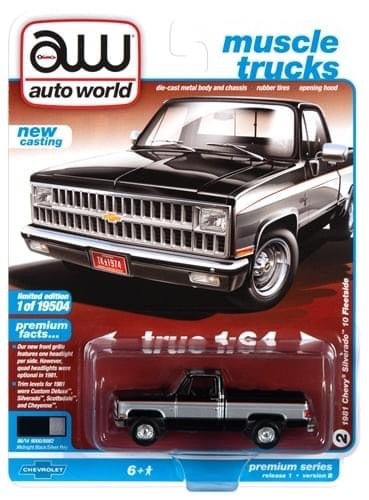 Auto World Muscle Trucks 1981 Chevy Silverado10 Fleetside Midnight Black Silver 1:64