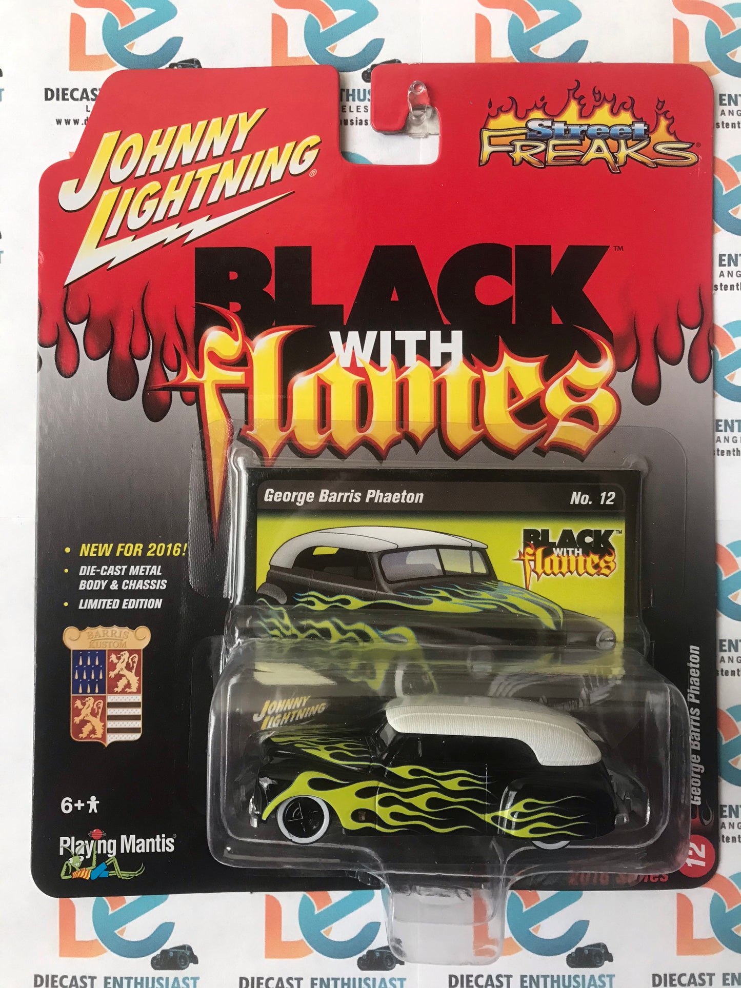 Johnny Lightning Black with Flames George Barris Phaeton Green Flames 1:64