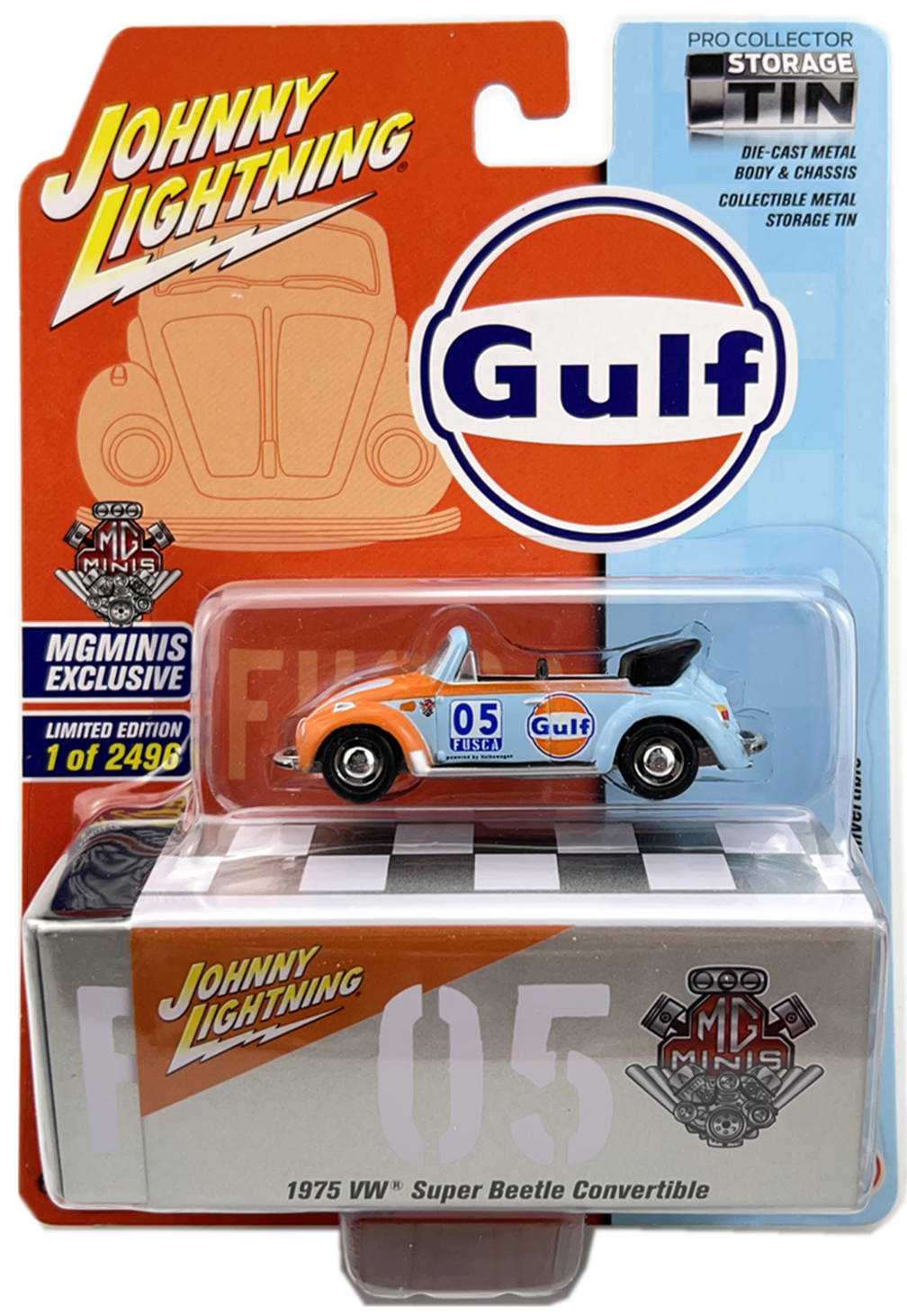 Johnny Lightning Exclusives Storage Tin Gulf 1975 VW Super Beetle Convertible 1:64