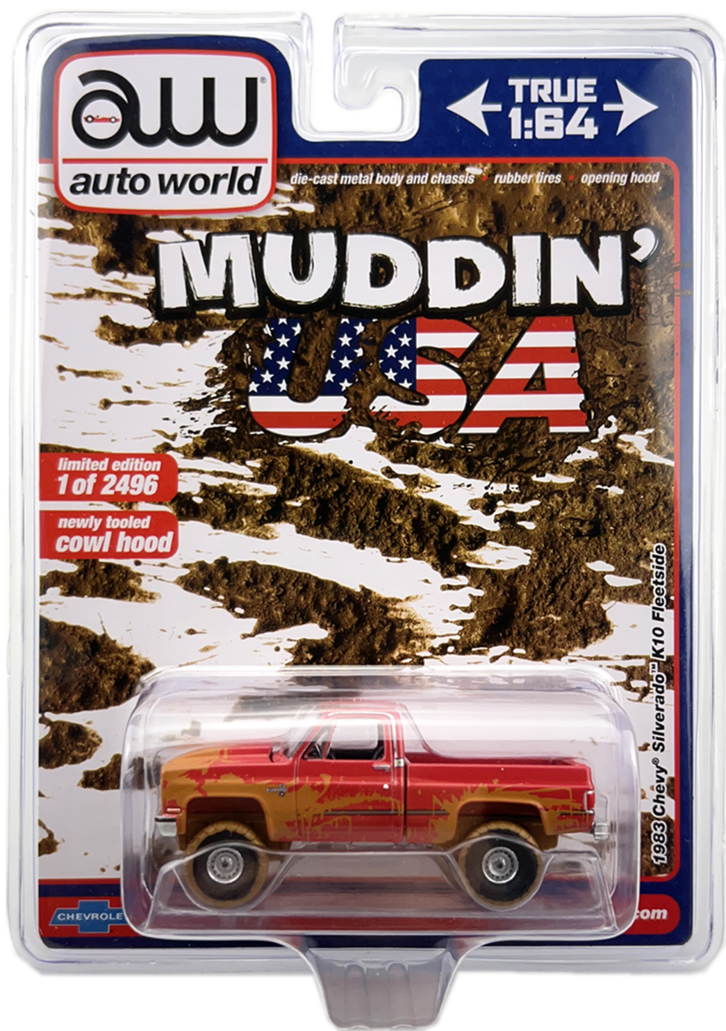 Auto World Exclusives Muddin' USA 1983 Chevy Silverado K10 Fleetside Red Orange 1:64