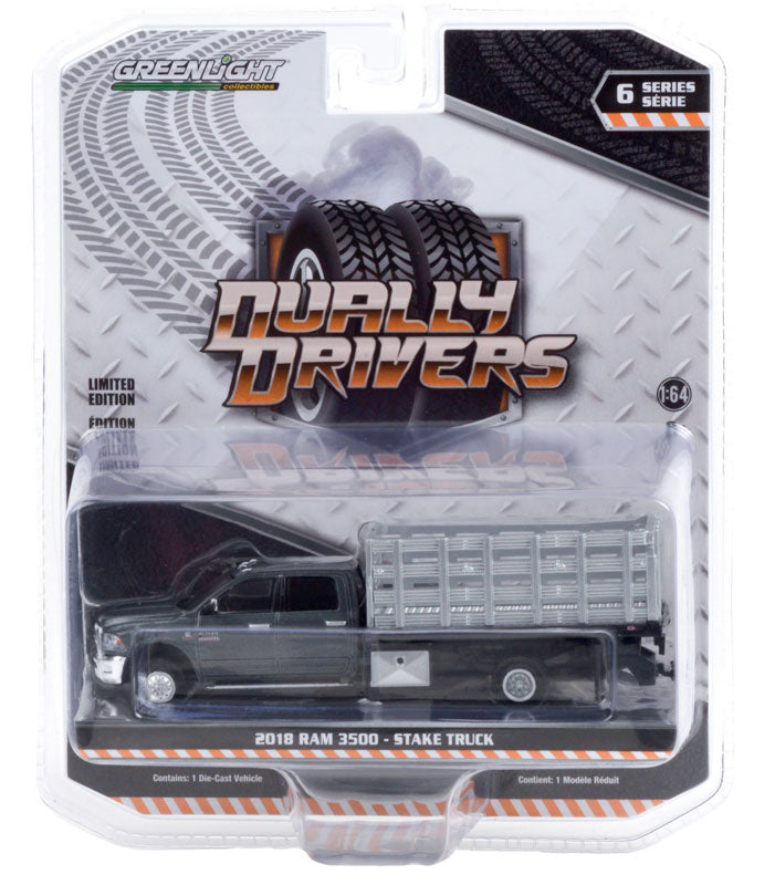 Greenlight Dually Driver 2018 Ram 3500 Dually Stake Truck Grey Metallic 1:64